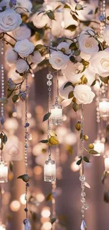 Elegant white roses with sparkling string lights on wallpaper.