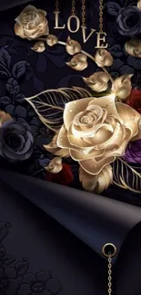 Elegant wallpaper with gold roses and love theme.