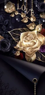 Elegant wallpaper with golden roses and 'LOVE' text.