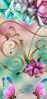 Floral wallpaper with love text and butterflies in pastel colors.