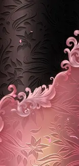 Elegant pink and black floral wallpaper with intricate design.