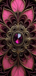 Intricate floral mandala with pink and gold hues.