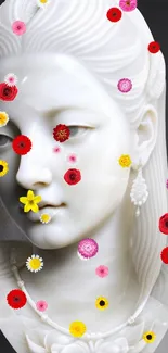 Marble bust with colorful floral accents for unique mobile wallpaper.