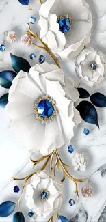 3D white flowers with blue gemstones on marble background.