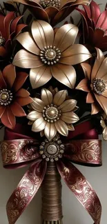 Elegant metal flowers in gold and red hues form a stunning bouquet.