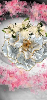 Metallic flower with pink cherry blossoms on elegant wallpaper.