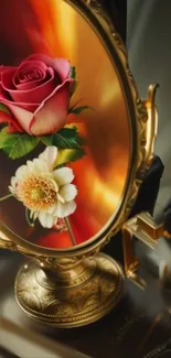 Elegant gold mirror reflecting a rose and daisy, vibrant and sophisticated design.