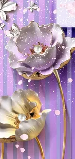 Elegant purple floral wallpaper with flowers and butterflies.