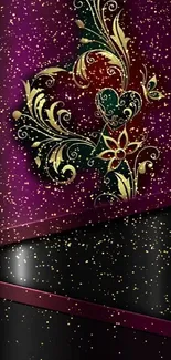 Elegant floral wallpaper with gold on dark purple and black background.