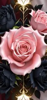Elegant black and pink rose wallpaper.