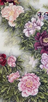 Elegant floral wallpaper with peonies and green leaves for mobile display.