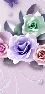 Elegant floral mobile wallpaper with pastel roses and butterflies.