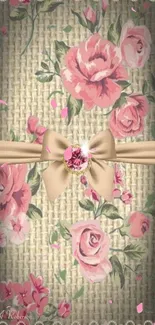 Elegant mobile wallpaper with pink roses, beige bow, and lace details.