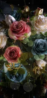 Elegant bouquet of colorful roses on a dark background wallpaper.