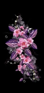 Elegant floral mobile wallpaper with pink flowers and purple leaves on black.