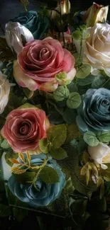 Elegant floral wallpaper with roses in pastel shades.