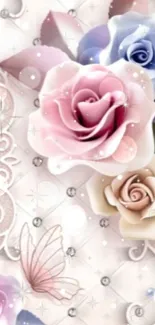 Elegant floral wallpaper with pastel roses and a butterfly.