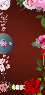 Floral wallpaper with roses and cherry blossoms on a brown background.