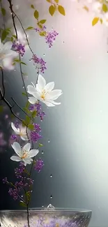 Mobile wallpaper featuring white and purple flowers with green leaves.