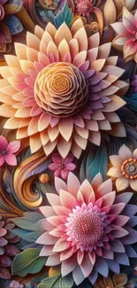 Intricate floral wallpaper with pink, orange, and teal hues.