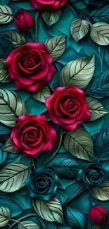 Elegant red roses with teal leaves.