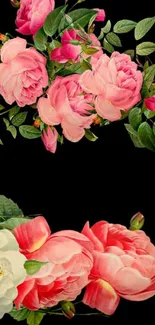 Vibrant pink peonies mobile wallpaper with lush green leaves.