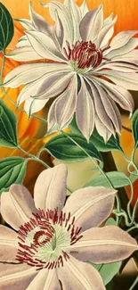 Elegant floral wallpaper with orange and white flowers and green leaves.