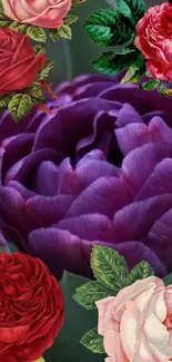 Colorful floral wallpaper with roses and a purple peony.