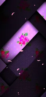 Elegant pink floral wallpaper on purple honeycomb background.