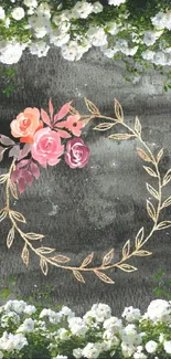 Floral wreath with roses on dark textured background wallpaper.