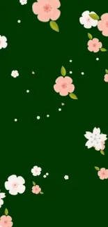 Elegant floral wallpaper with pink flowers on dark green.