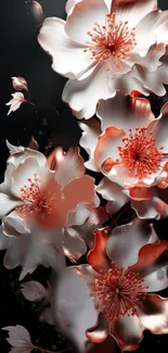 Elegant white and copper flowers on black background wallpaper.