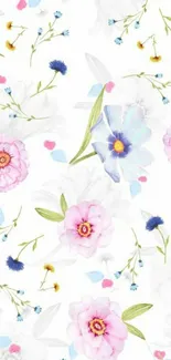 Delicate floral wallpaper with pink and blue flowers on a white background.