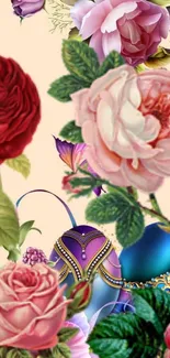 Elegant mobile wallpaper with colorful flowers and ornaments.