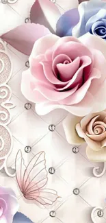 Elegant pastel floral wallpaper with pink roses and decorative design.