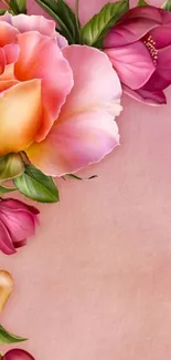 Floral wallpaper with roses and tulips on a pink background, perfect for mobile.