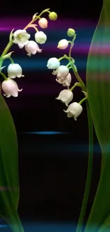 Floral wallpaper with lilies and green leaves against a dark background.