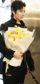 Person holding a vibrant yellow floral bouquet.