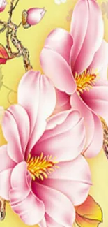 Elegant floral wallpaper with pink flowers on a yellow background.