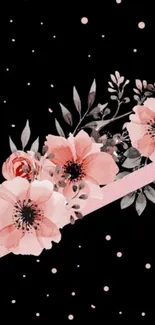 Floral mobile wallpaper with pink flowers and black background.