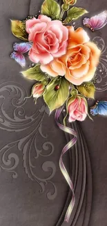 Elegant mobile wallpaper with roses and butterflies on gray background.