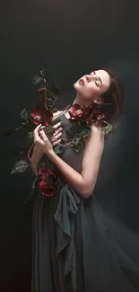 Woman in elegant pose with red flowers on a dark gray background.