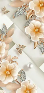 Elegant cream and gold floral wallpaper with pearls.