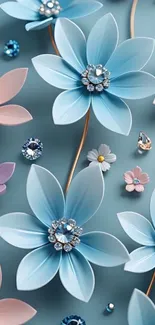 Elegant blue and pink floral design with gems.