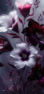 Elegant mobile wallpaper featuring vibrant purple and white flowers.