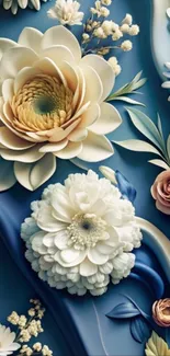 Elegant floral wallpaper with blue and pastel flowers.