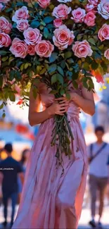 Woman holds large bouquet of pink roses.