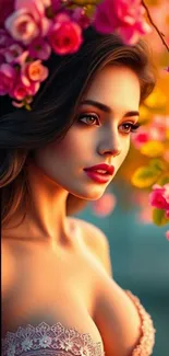 Elegant woman with flowers on mobile wallpaper.