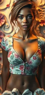 Glamorous floral-themed portrait mobile wallpaper.