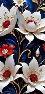 Elegant wallpaper featuring white and red flowers on a navy background.